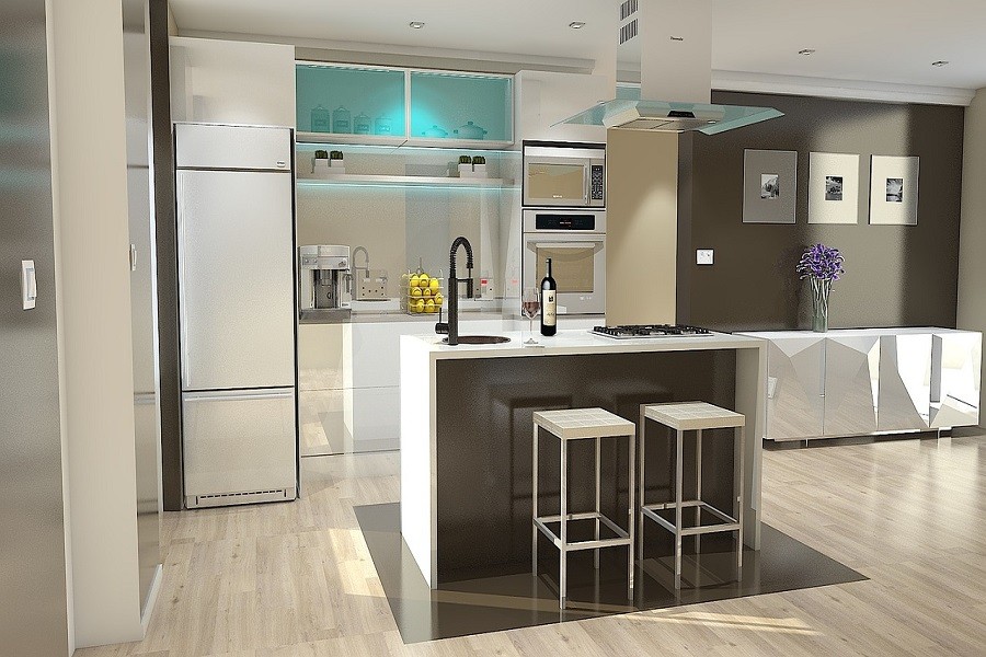 Sophisticated and ultra-modern kitchen space soft blue illumination accents natural sunlight streaming in from out of frame. 